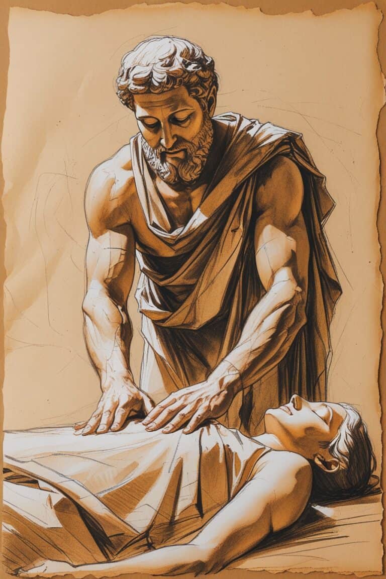 Hypocrate se penche sur une personne allongée et pose doucement ses mains sur sa poitrine. La scène est esquissée sur un vieux parchemin, représentant un moment de soin ou de guérison par magnétisme. Séverine Vagné Blanchard Magnétiseuse à Buros